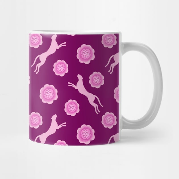 Beautiful wild jumping cheetahs, lovely pink blooming roses. Stylish classy elegant dark purple violet magenta retro vintage botanical animal nature pattern. by IvyArtistic